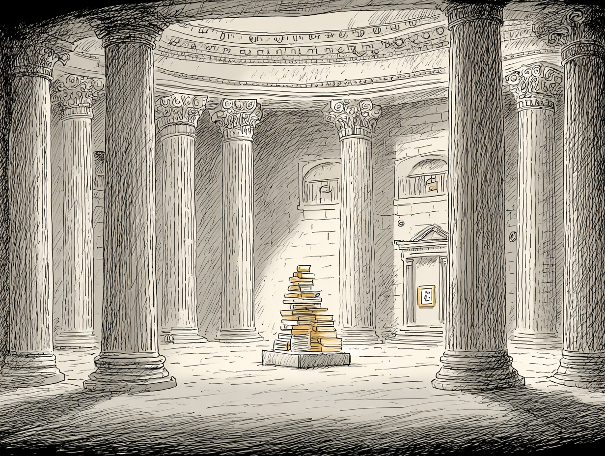 A stack of books in a grand columned hall