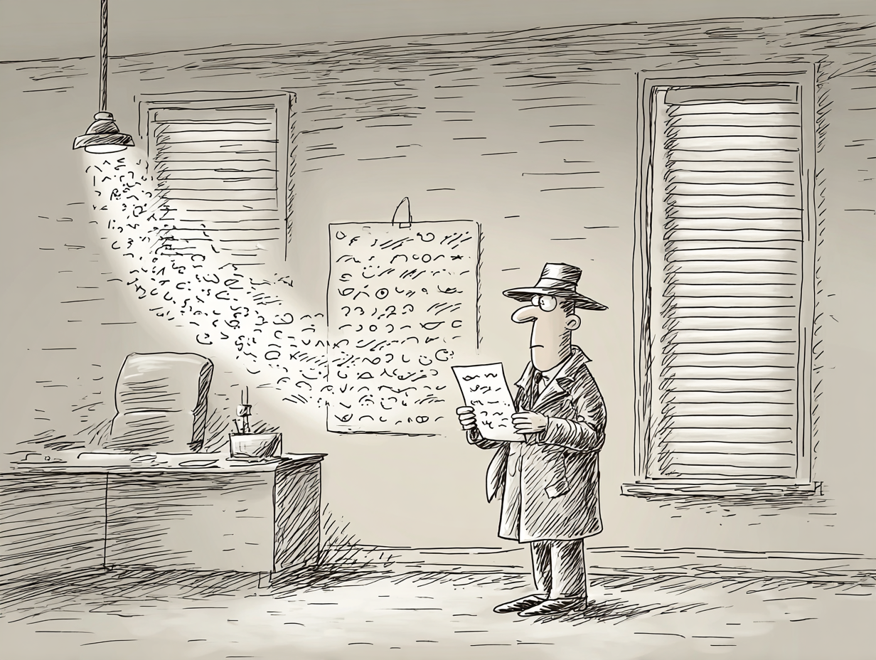 A figure examining a document with letters streaming from the page