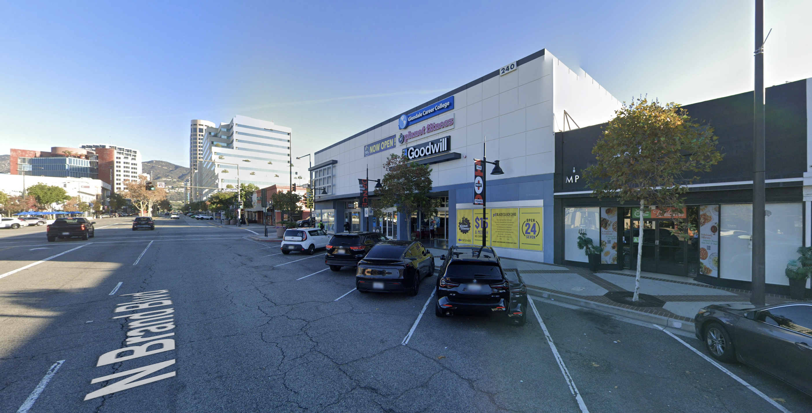 North Brand Boulevard, Glendale, as it appears today &mdash; the bookstores replaced by a Goodwill and generic commercial storefronts