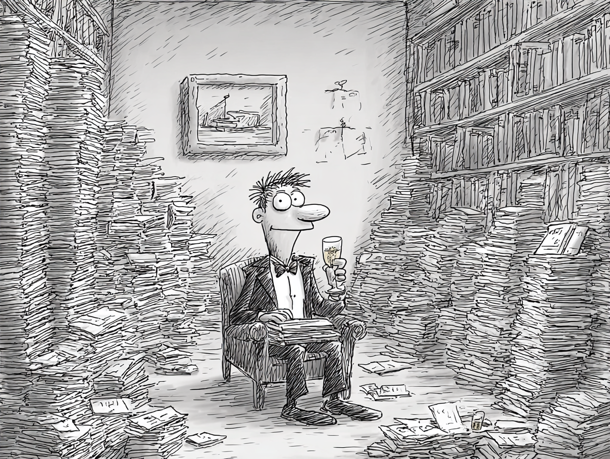 A professor in a tuxedo holding a champagne glass