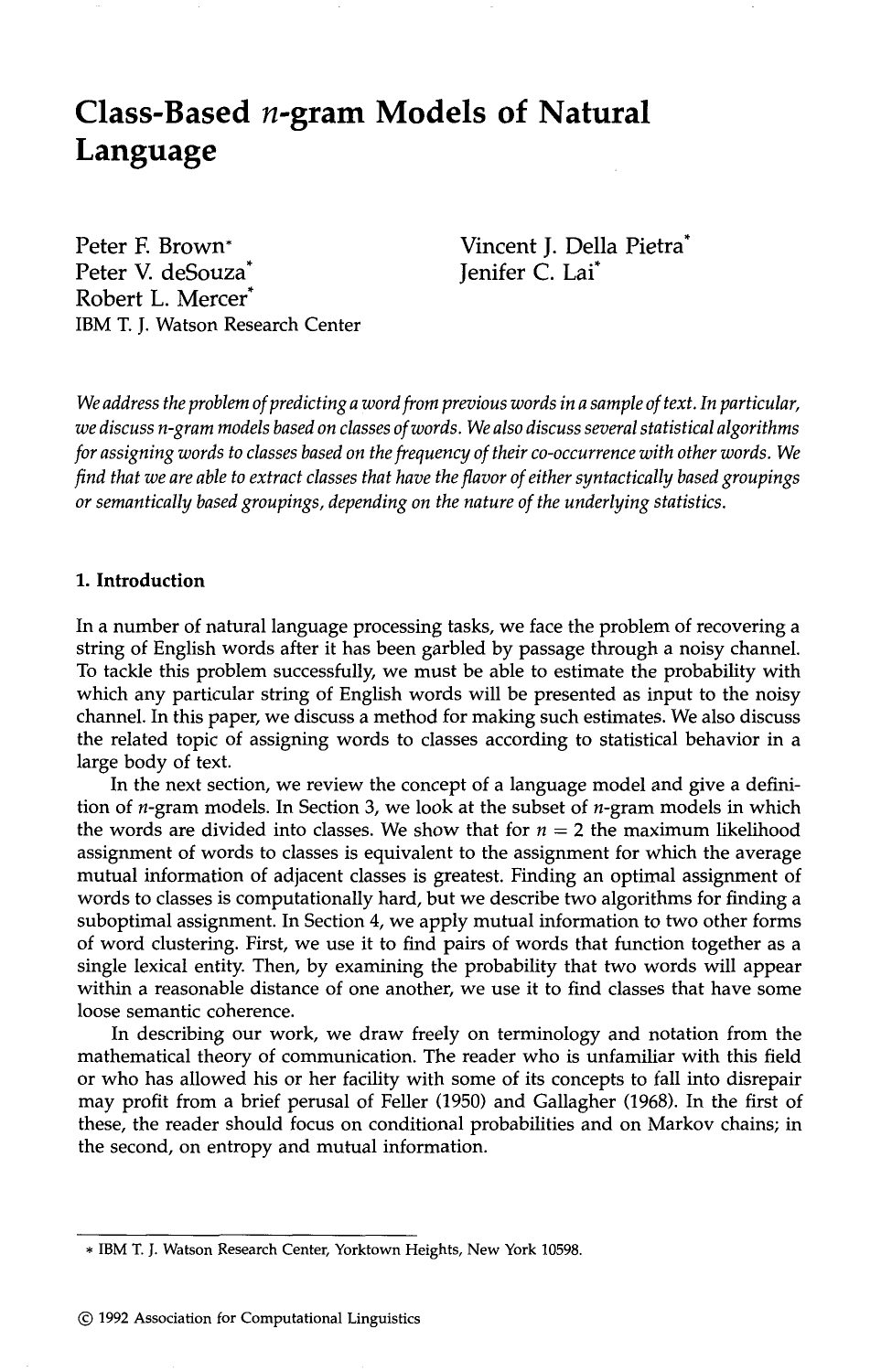 First page of Brown et al. (1992) Class-Based n-gram Models of Natural Language as published in Computational Linguistics