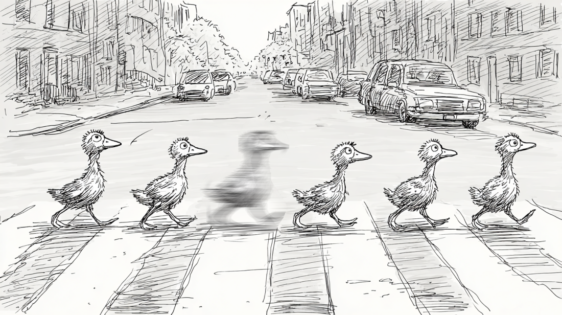 Ducklings crossing a crosswalk in single file, one missing from the pattern