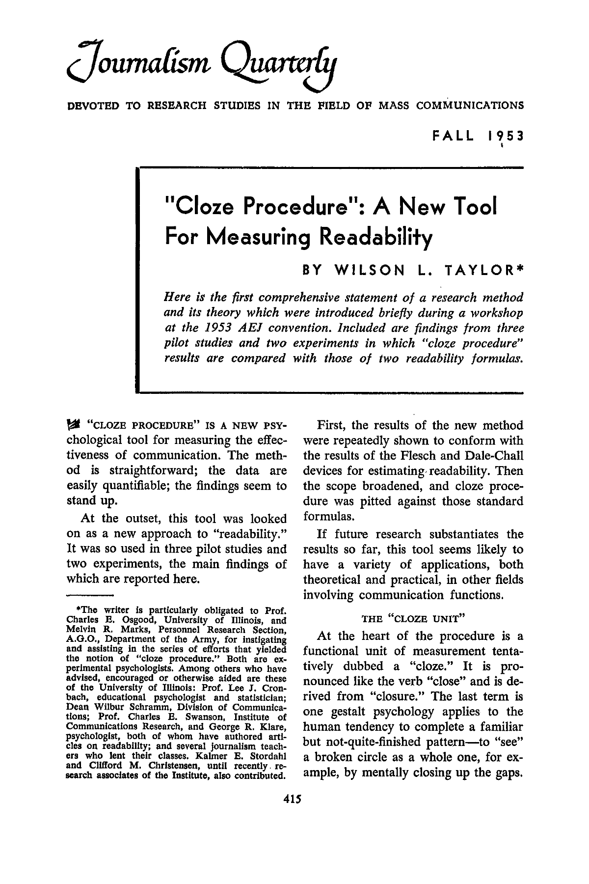 Taylor (1953) - Cloze Procedure: A New Tool for Measuring Readability, page 1