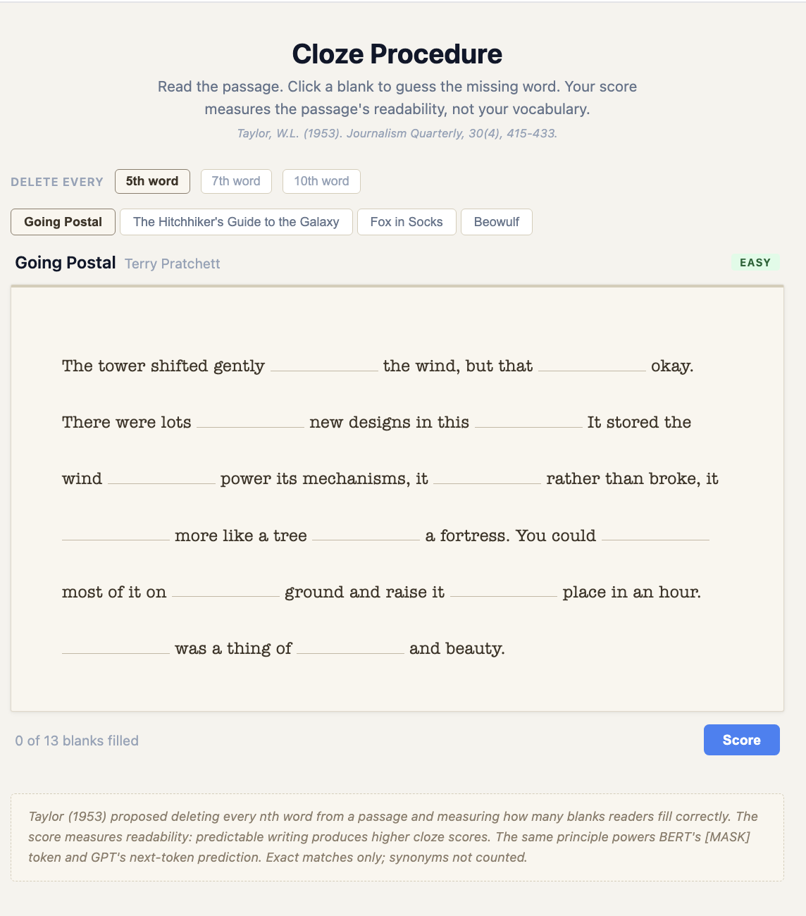 Cloze Procedure interactive demo