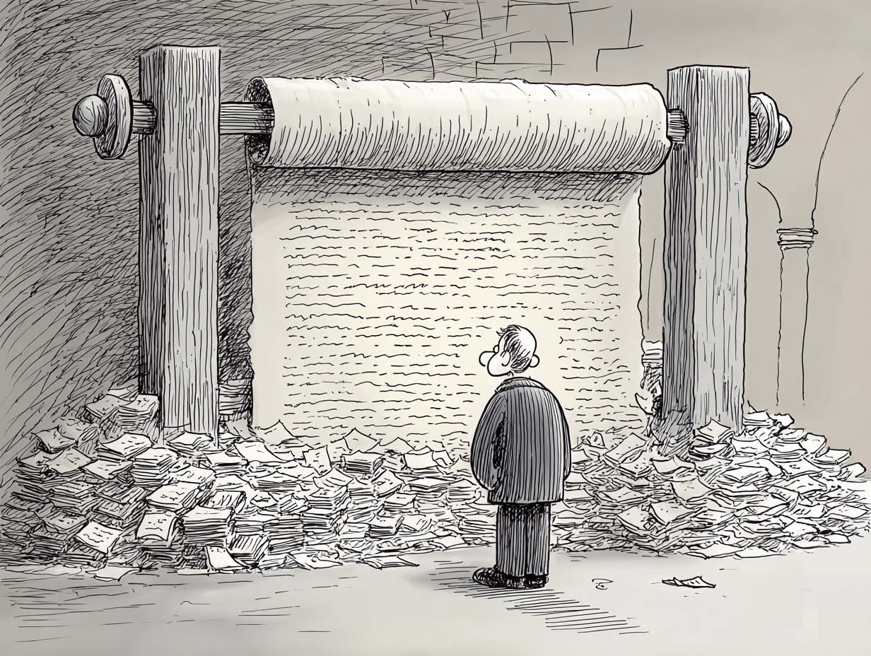 Person with magnifying glass searching through giant scroll of text