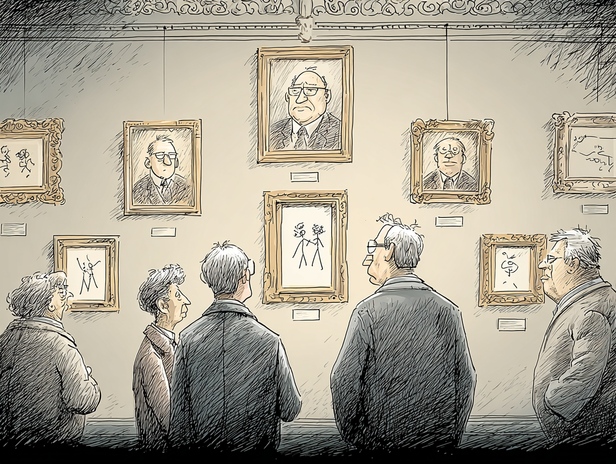 People viewing portraits in a museum gallery