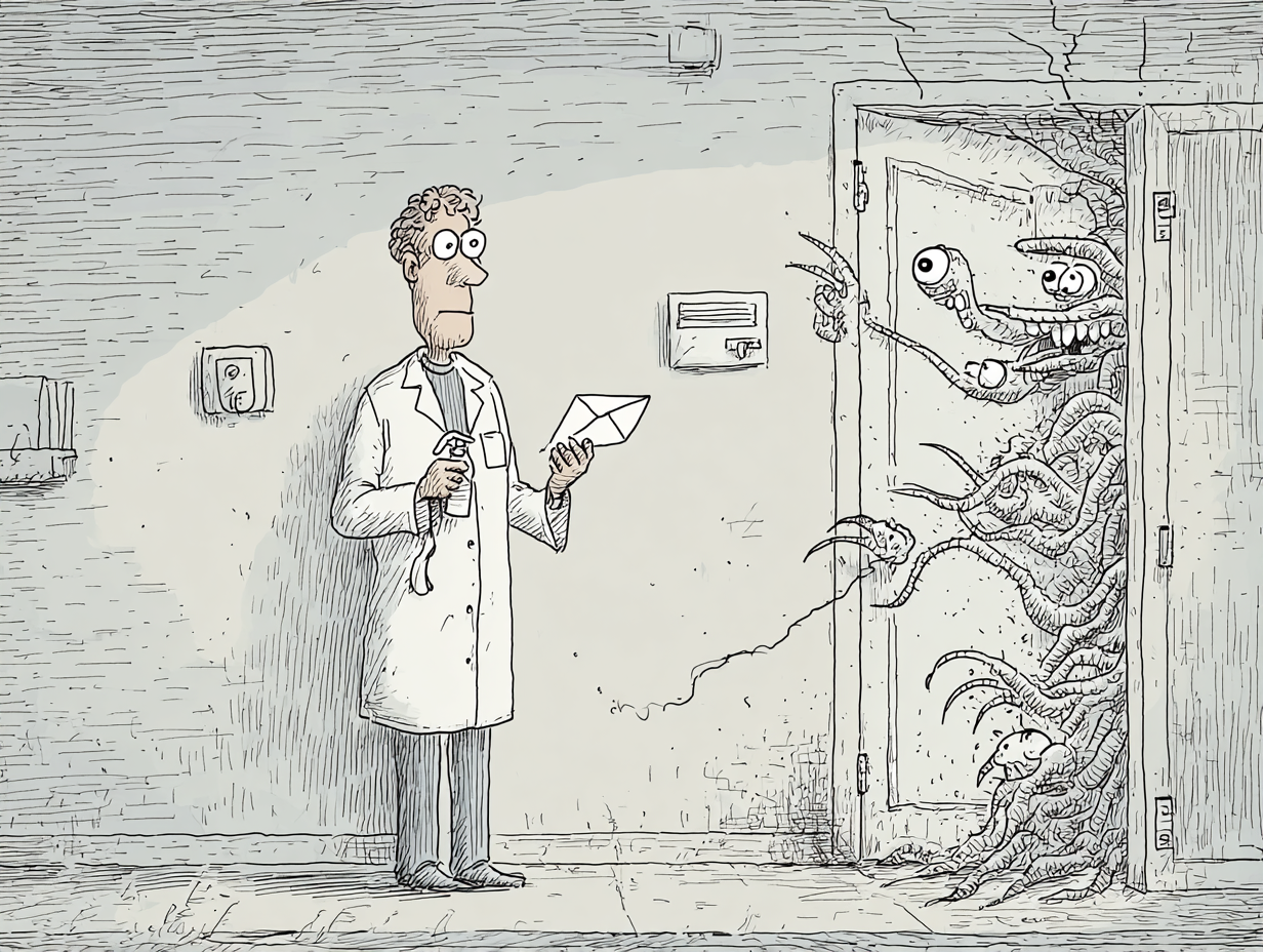 Scientist reading a letter while monsters peek through a cracked door