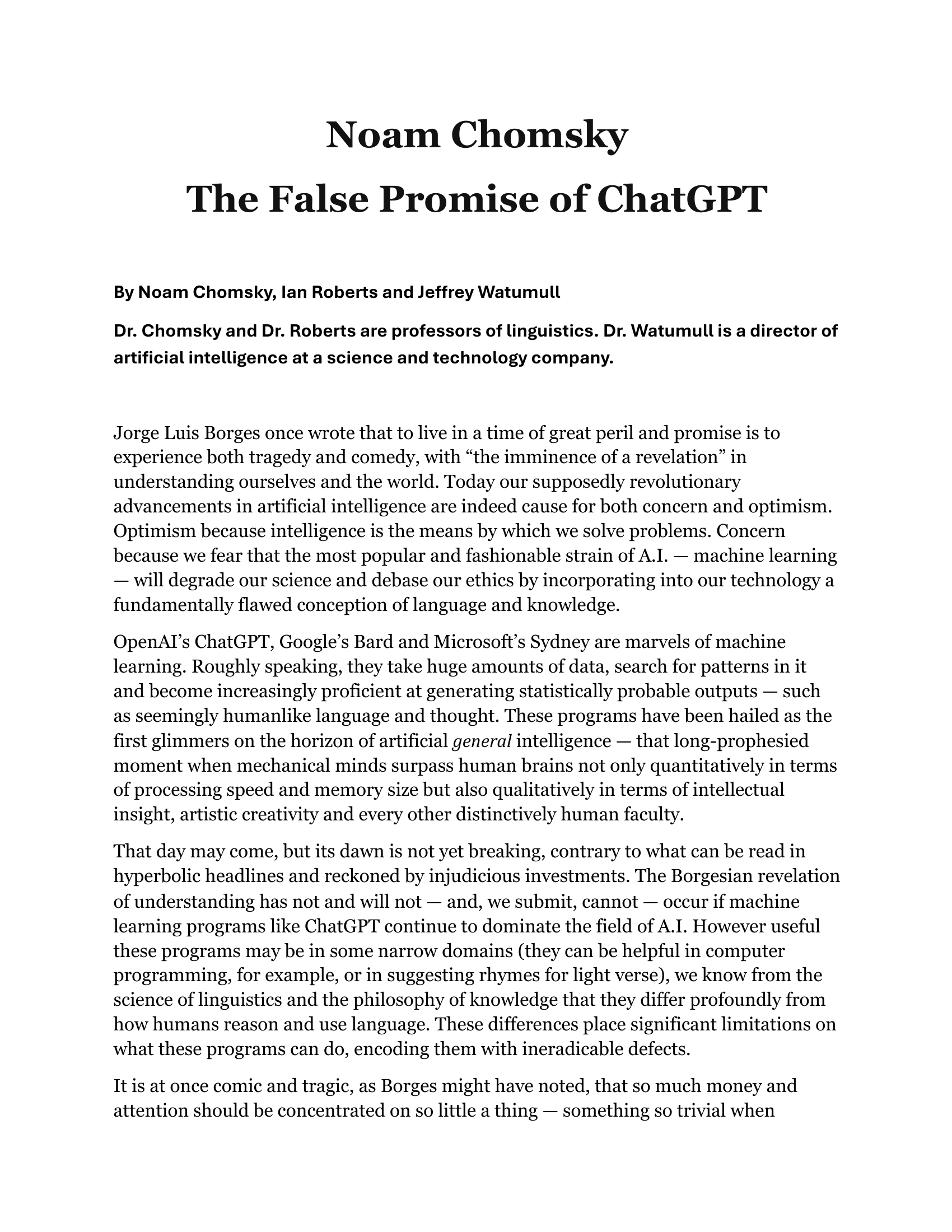 First page of Chomsky, Roberts, and Watumull (2023) The False Promise of ChatGPT