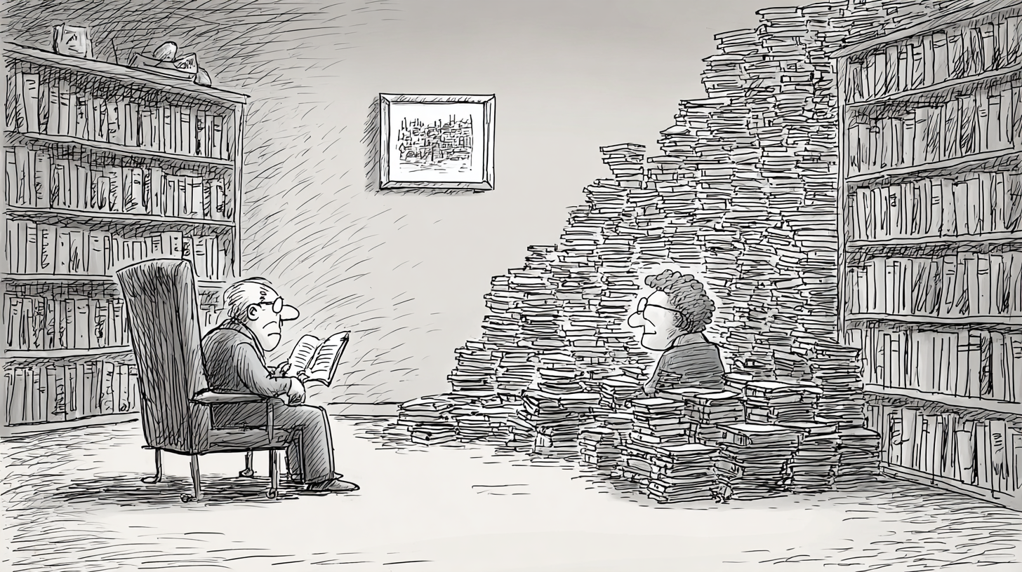Cartoon contrasting one figure reading a single book in an armchair with another buried in stacks of books and papers