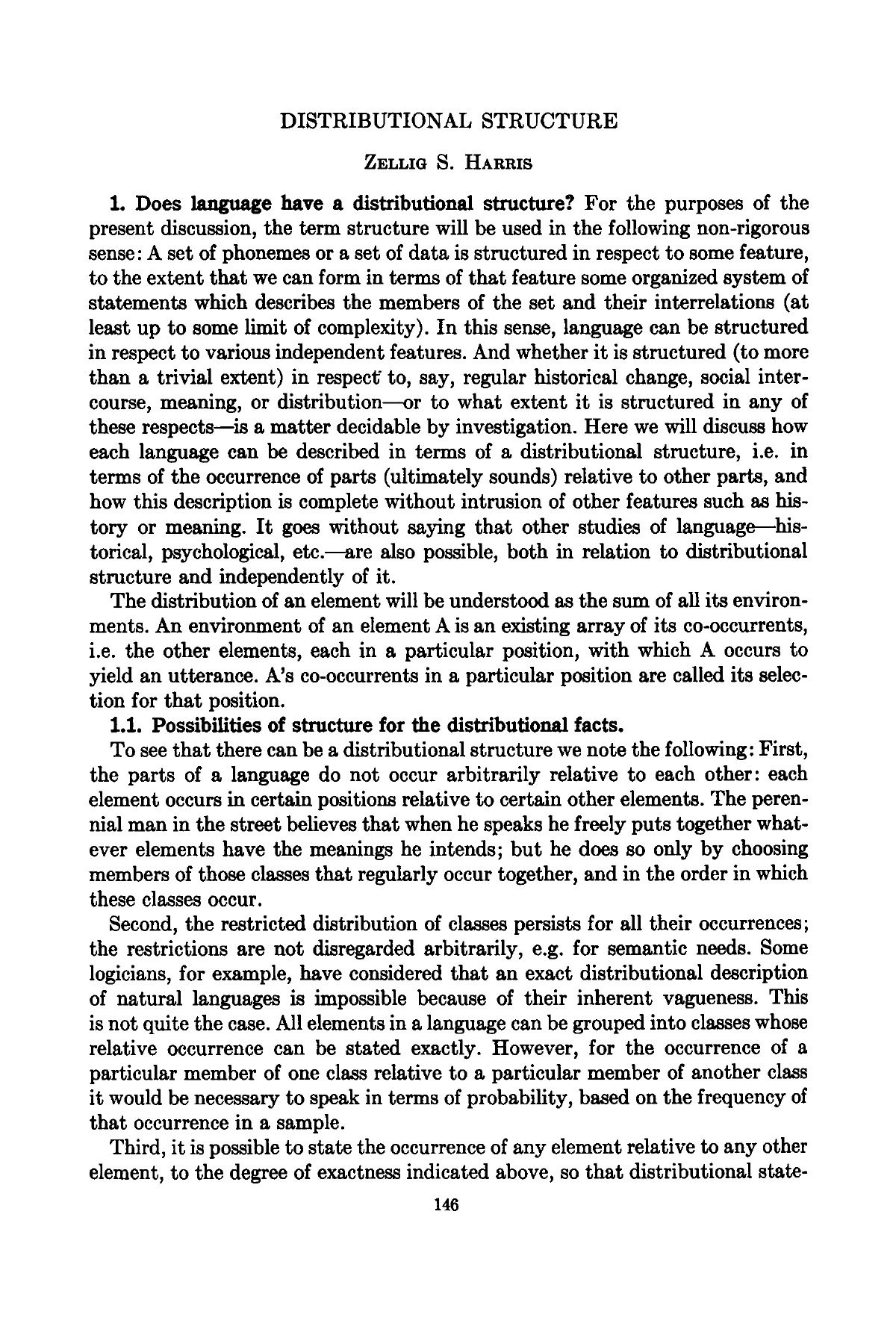 First page of Harris (1954) Distributional Structure as published in WORD