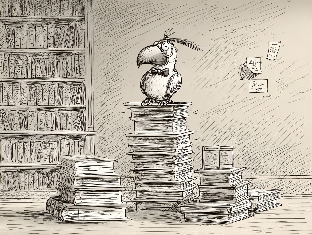 Cartoon of a scholarly parrot in a bow tie perched on a stack of books in a library