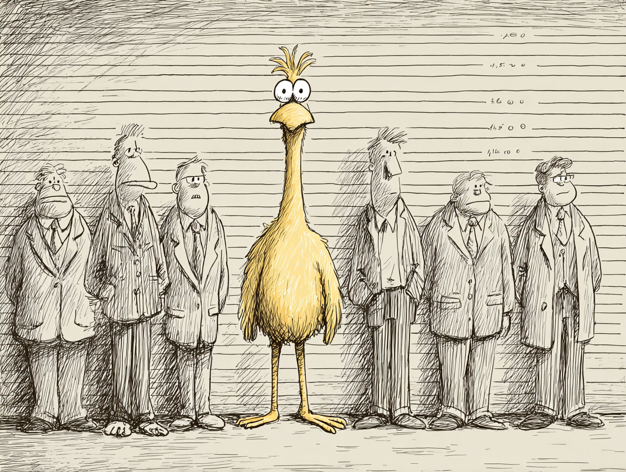 Big Bird in a police lineup with men in suits