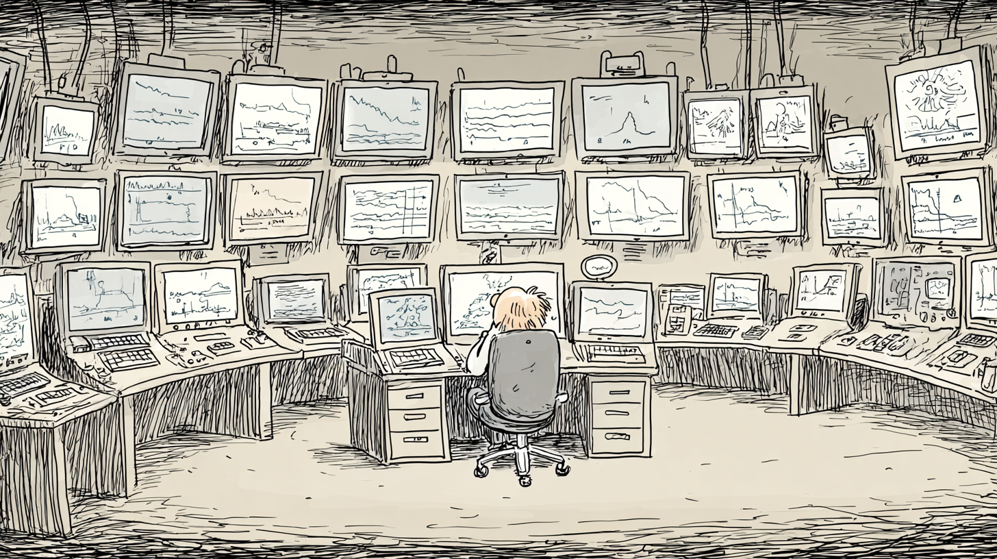 A single operator seated at a desk, dwarfed by a curved wall of dozens of monitors