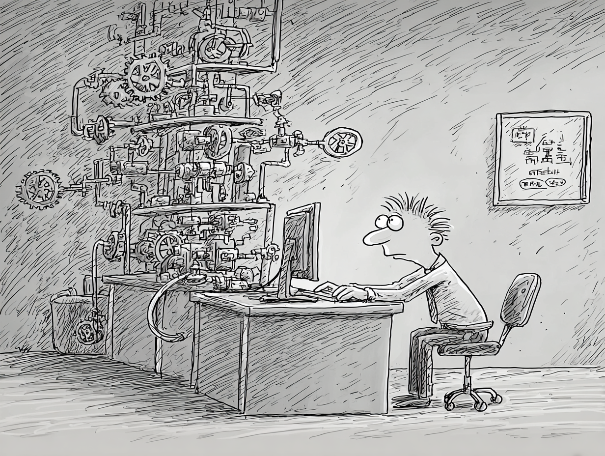 An operator at a desk staring at a simple screen while an impossibly complex machine of gears and pipes towers behind him