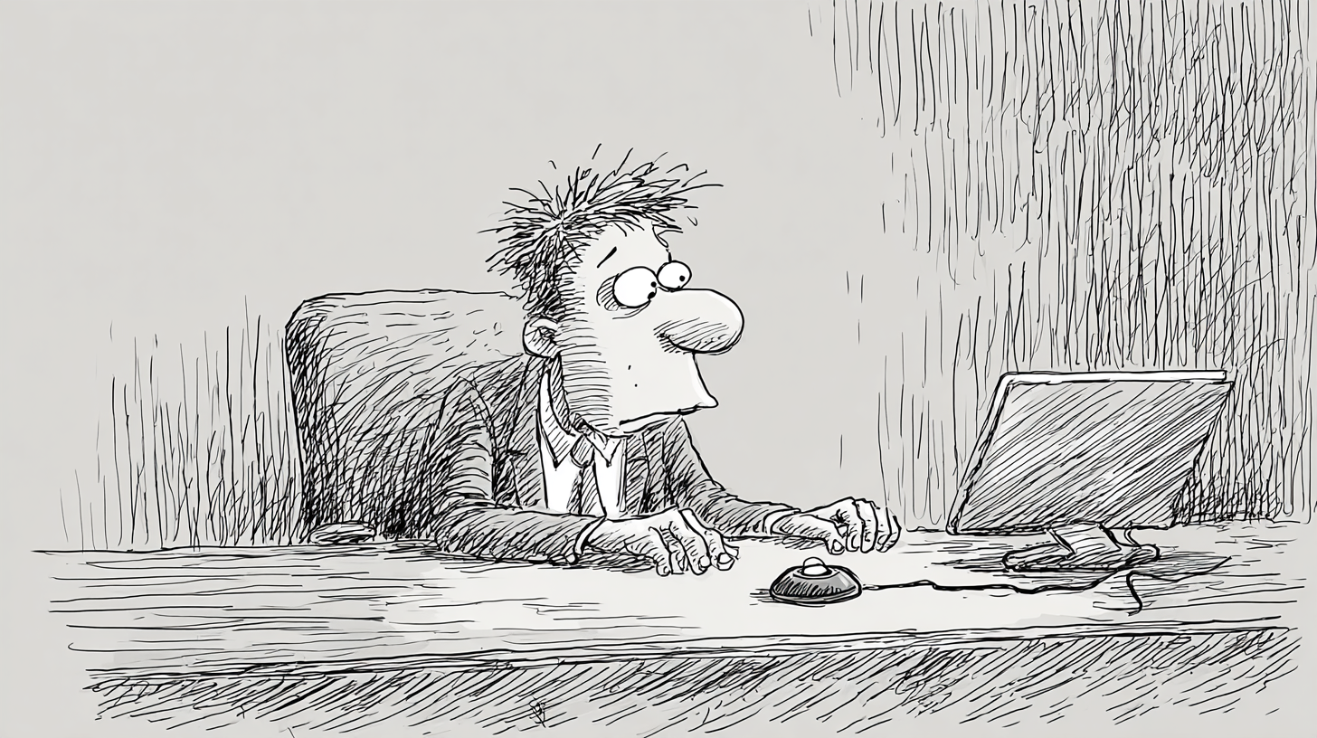 A disheveled person staring blankly at a laptop, hands idle on the desk