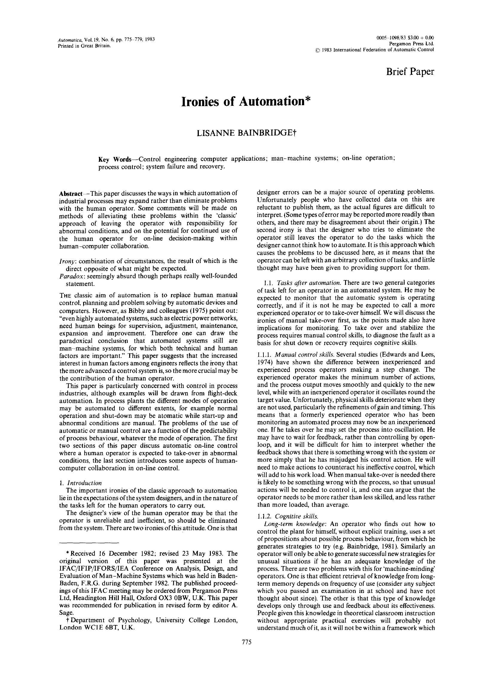 First page of Bainbridge (1983) Ironies of Automation as published in Automatica