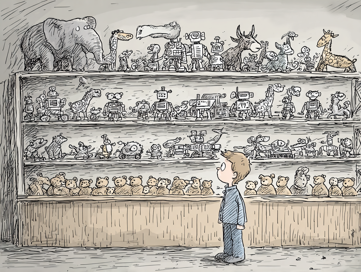A child staring up at shelves of toys, with unique handcrafted animals on top and identical robots filling the lower shelves