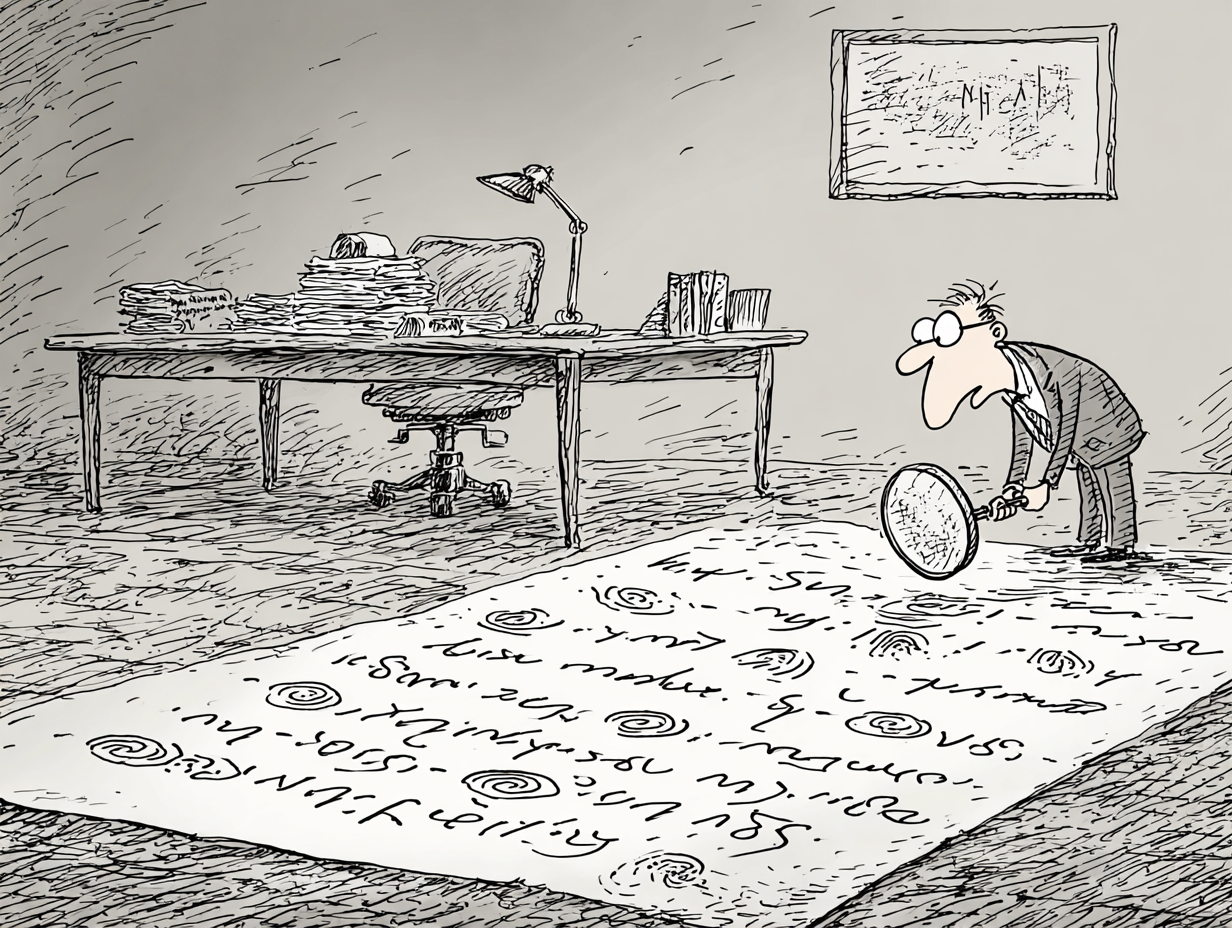 A man examining a giant manuscript with a magnifying glass, discovering fingerprint patterns in the text