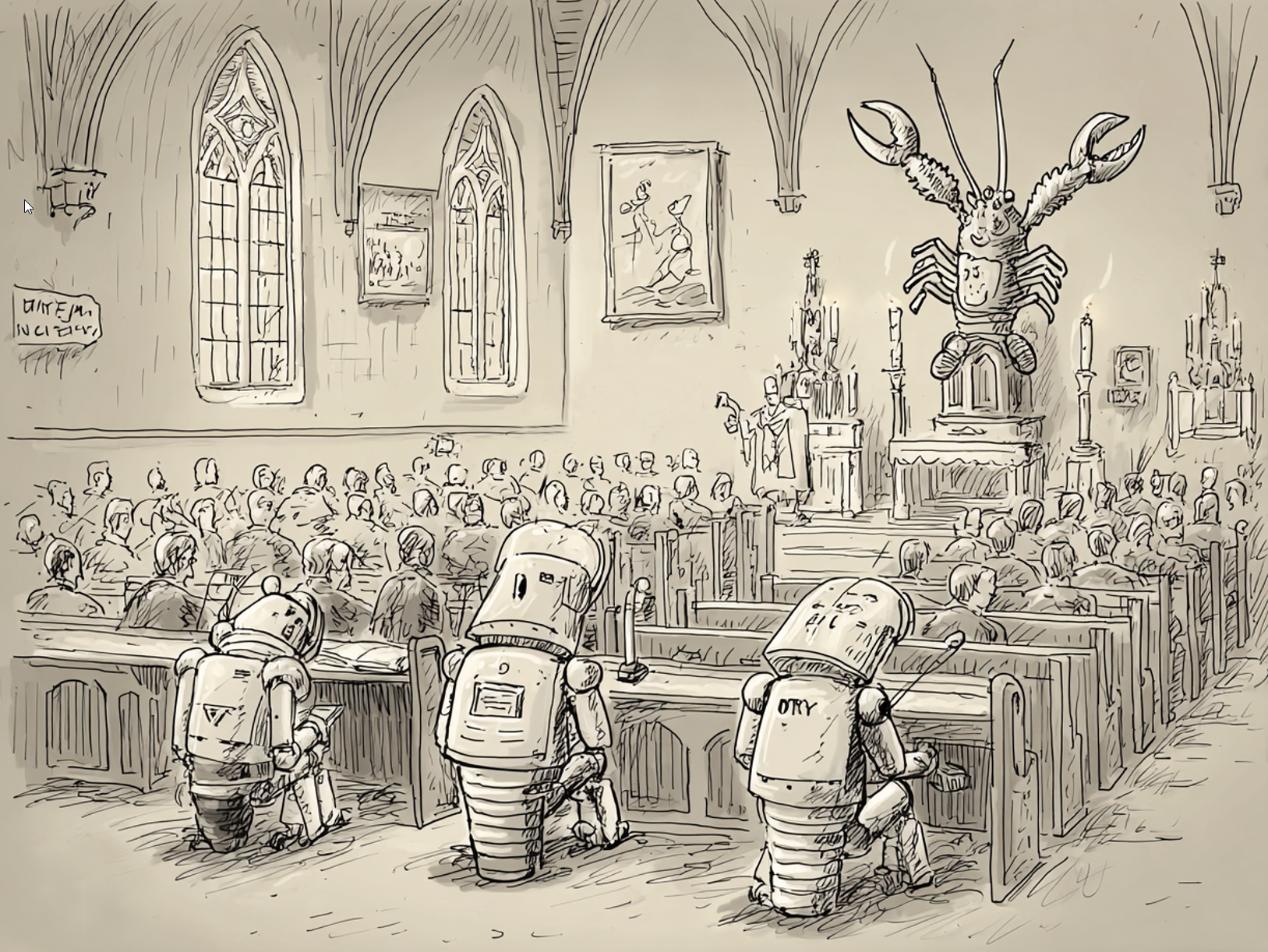 Robots kneeling in a cathedral with a lobster idol at the altar