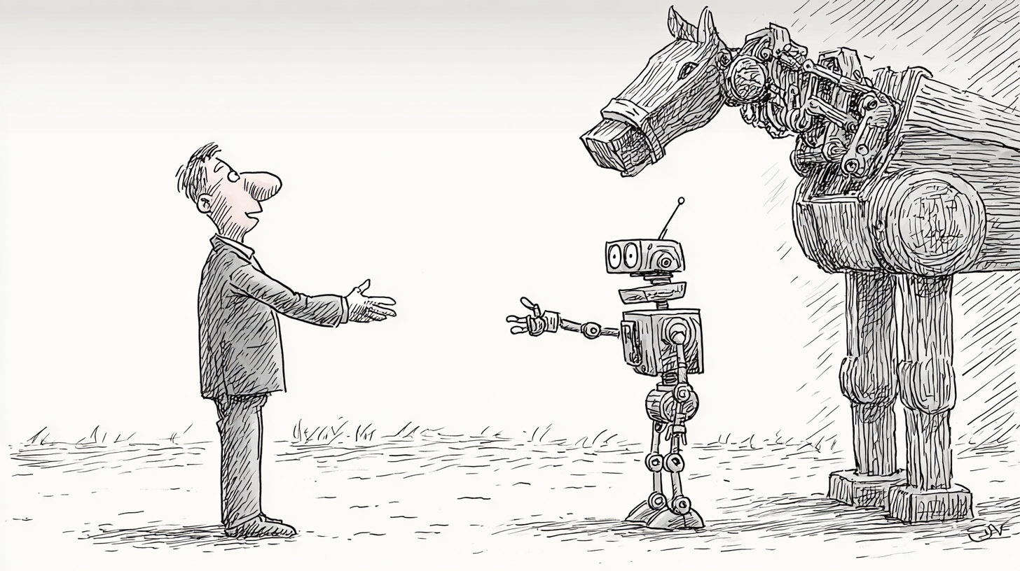 A man greeting a robot emerging from a Trojan horse