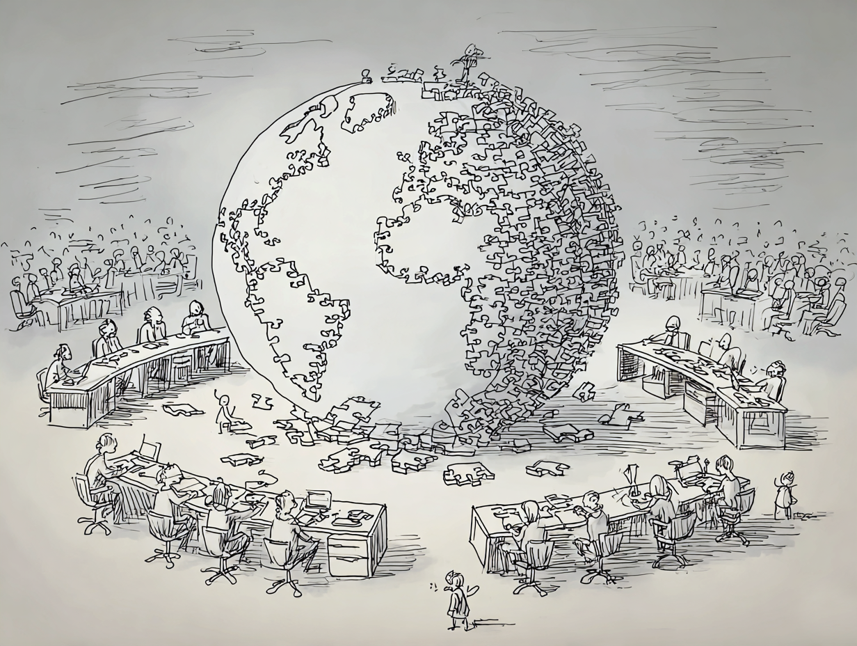 Globe made of puzzle pieces with one hemisphere fragmented