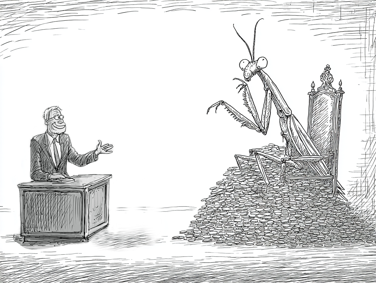 People kneeling before insect overlord