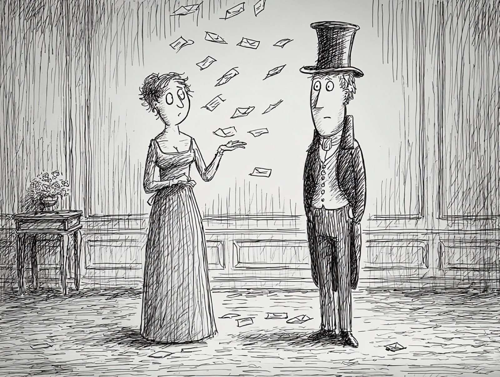 A Victorian top hat overflowing with paper slips cut from a book, each scrap holding a single word