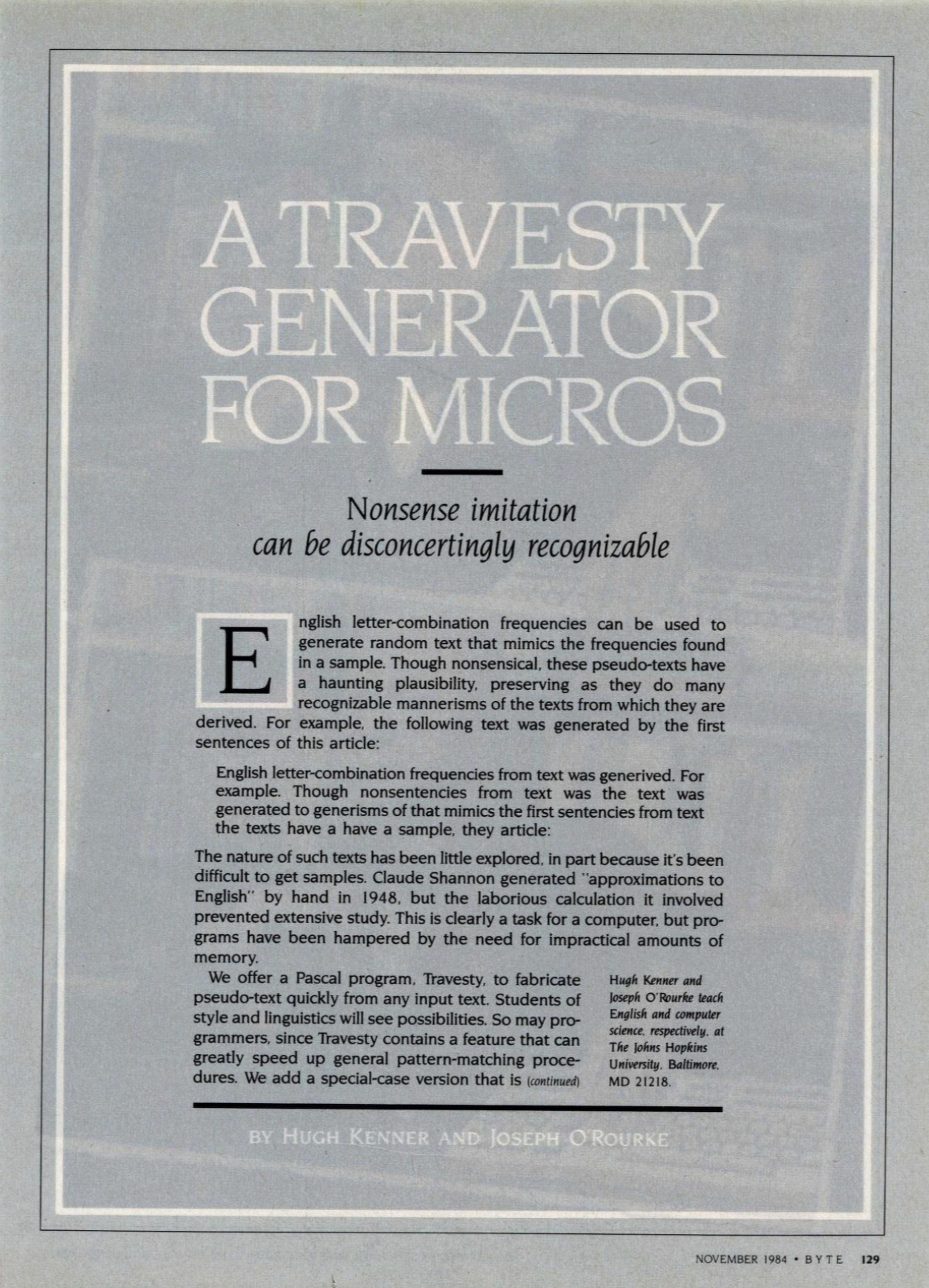 BYTE Magazine: A Travesty Generator for Micros - Page 1