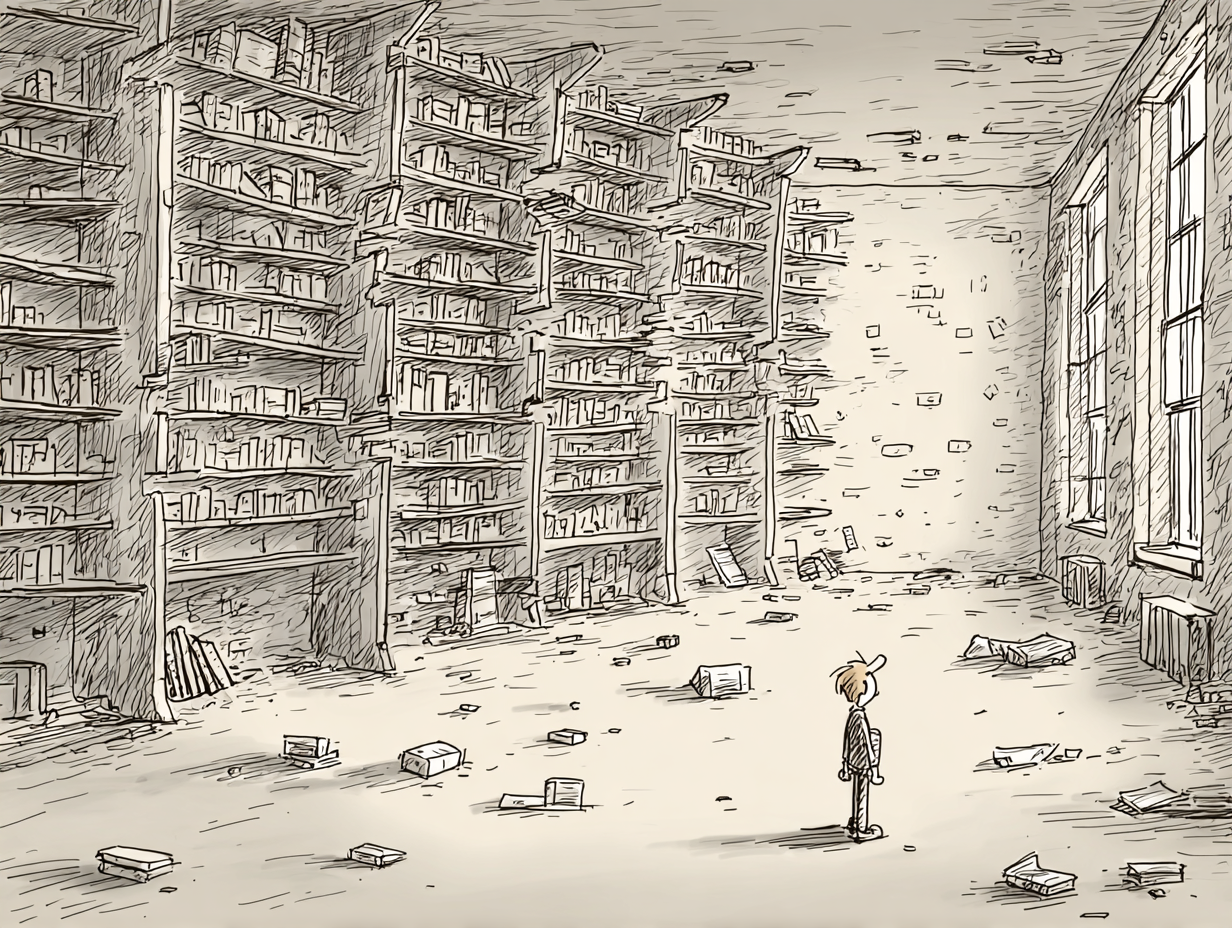 Empty library with scattered books