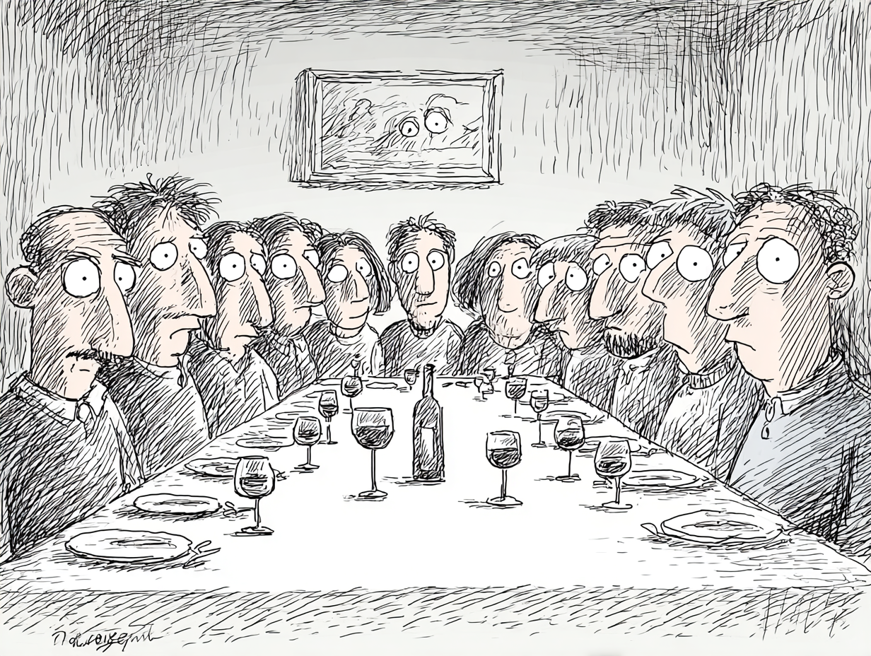 Satirical dinner party with wide-eyed figures