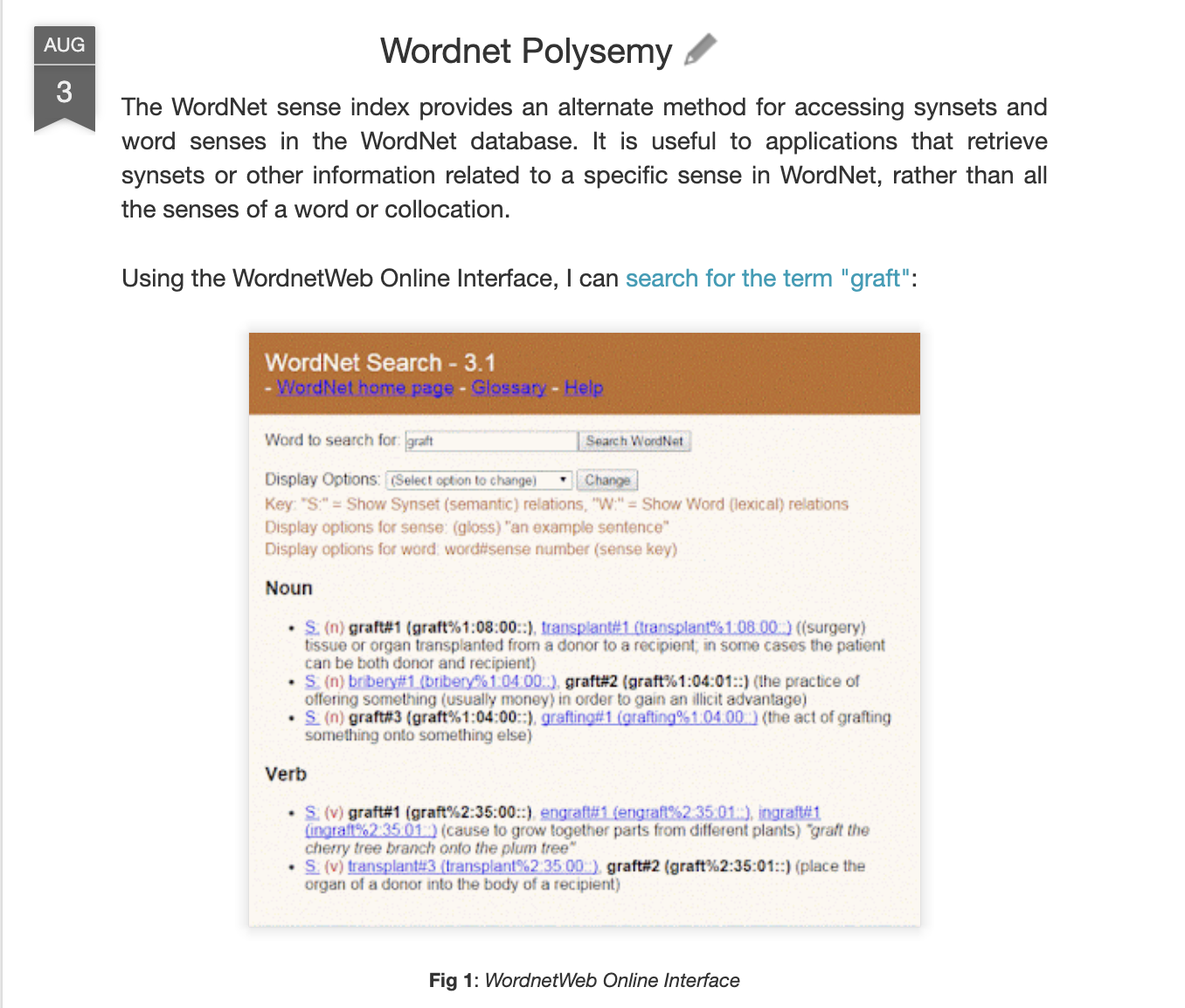 Screenshot of the WordNet Search 3.1 interface showing a search for the term graft with its various noun and verb senses