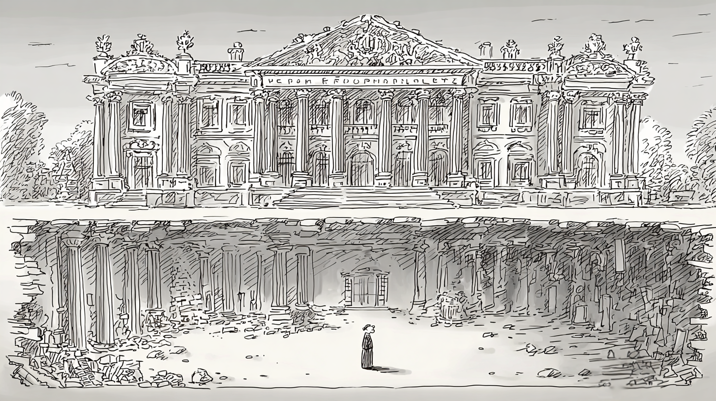Cross-section of a grand palace facade revealing empty ruined interior with a single figure
