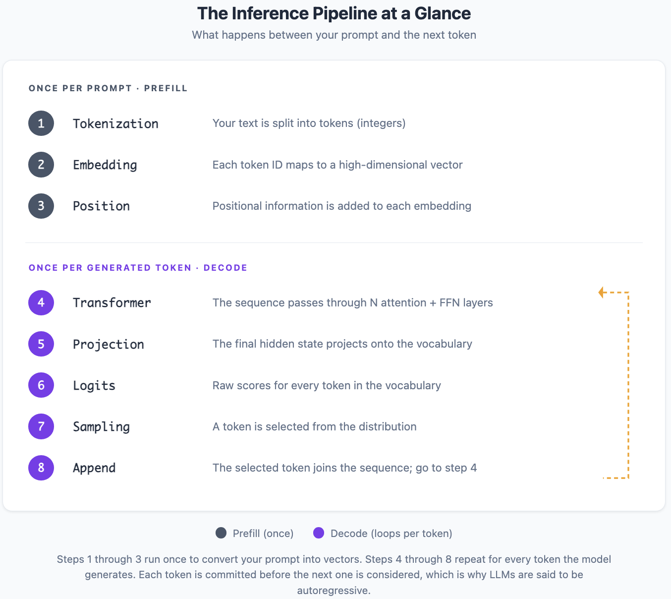 The inference pipeline at a glance: eight numbered steps grouped into a prefill phase and a decode loop