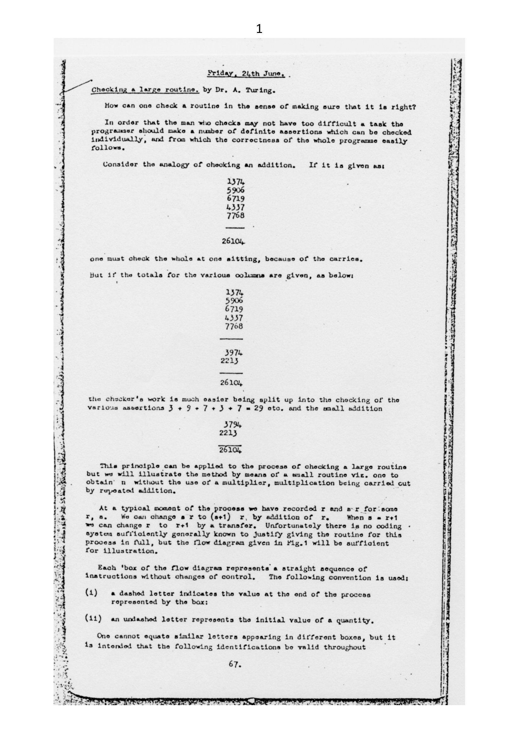 First page of Turing (1949) Checking a Large Routine from the EDSAC conference proceedings