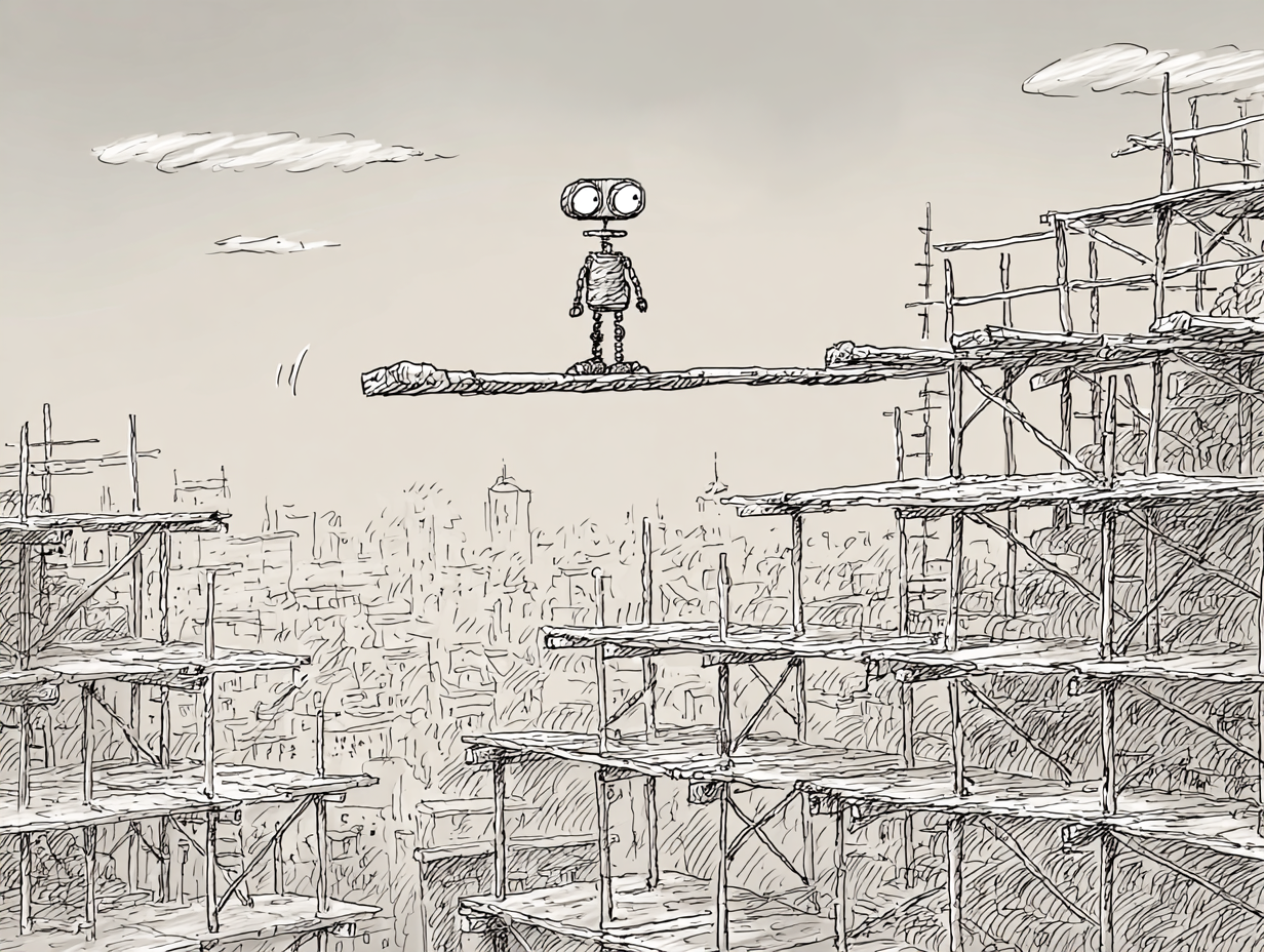 A small robot standing on an unsupported plank atop a vast scaffolding over a city