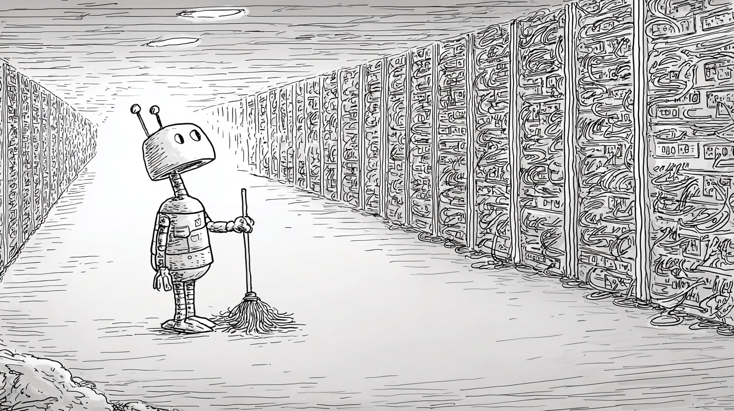 A small robot with a broom standing alone in a vast corridor of server racks