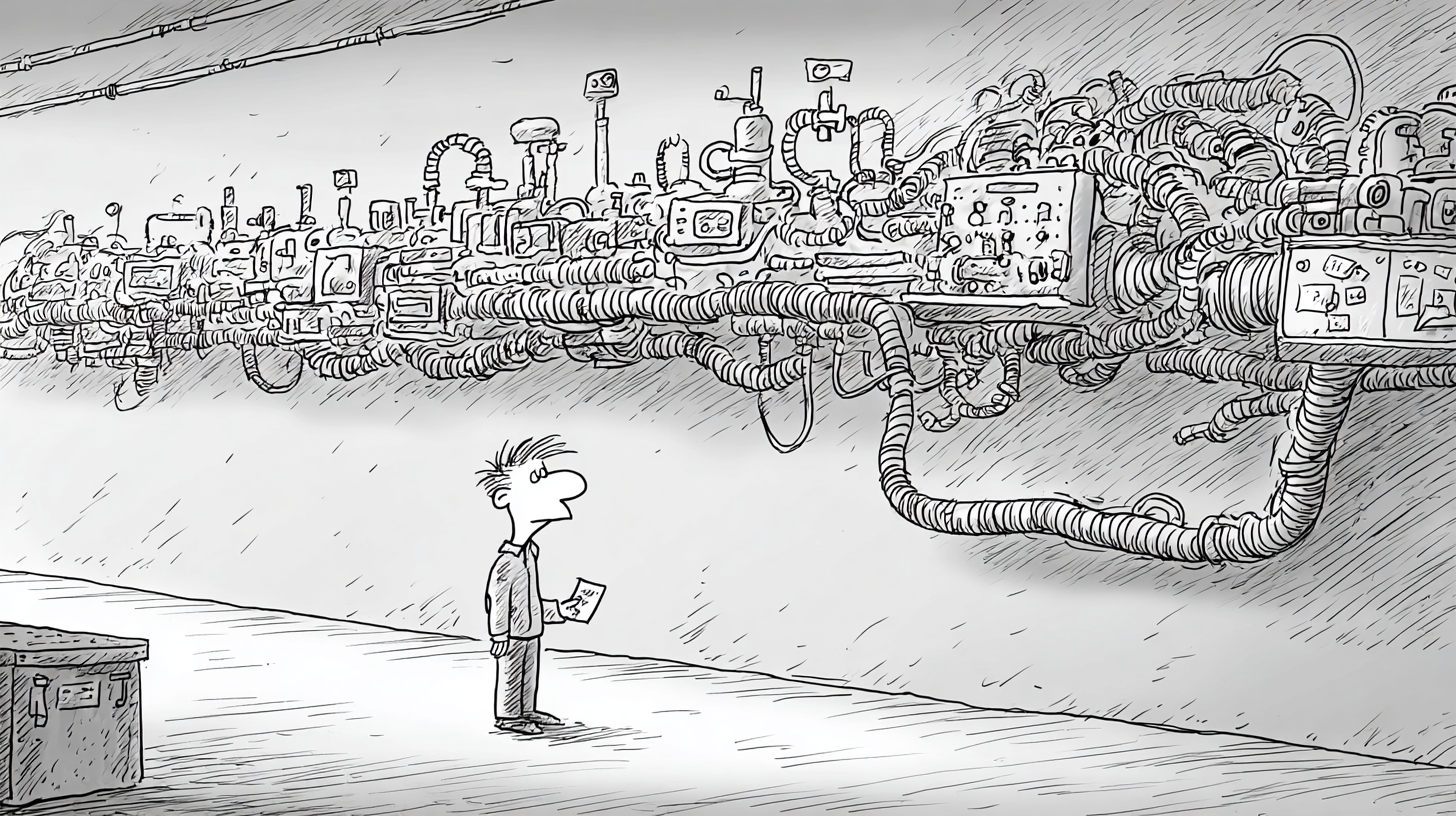 A small figure holding a slip of paper, staring up at an impossibly complex wall of industrial machinery
