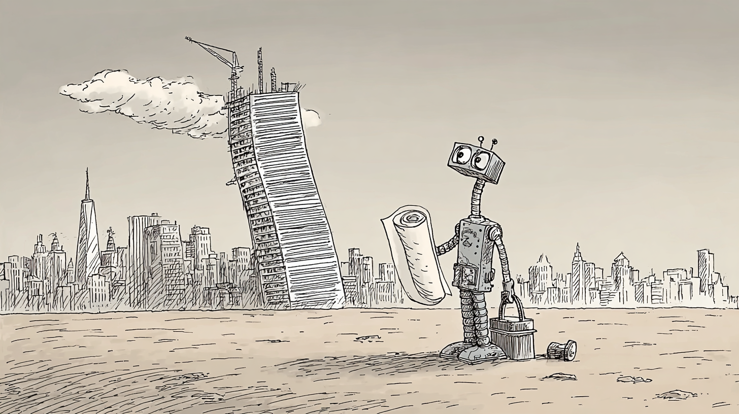 Robot studying a blueprint