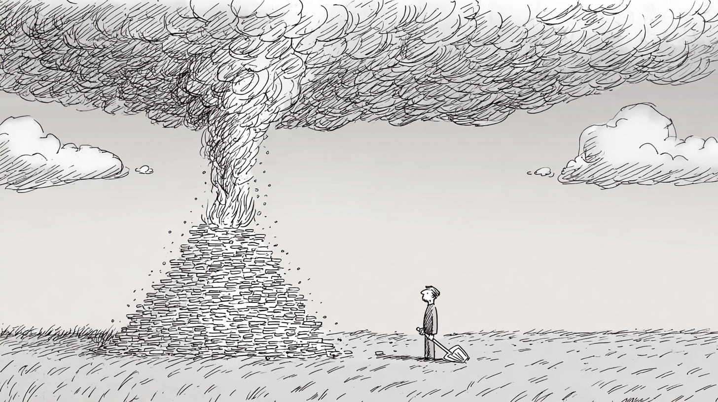 A small figure stands holding a shovel beside a burning pile of paper. Smoke rises from the pile and billows into a vast mushroom cloud that fills the sky and dwarfs the figure entirely.