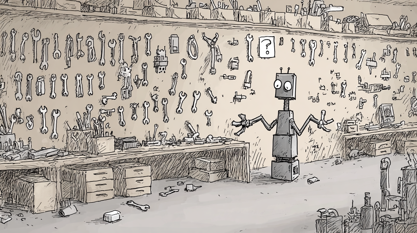 A small robot in a workshop surrounded by walls densely covered with wrenches, drills, and tools, with a faint question mark above its head.