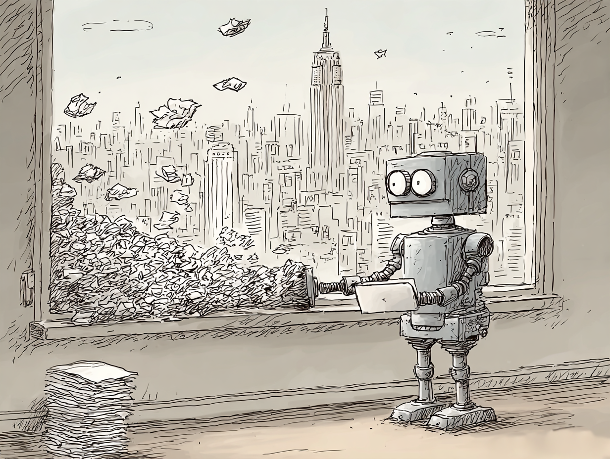 A robot at a window watching papers blow away over a city skyline, a dwindling stack beside it