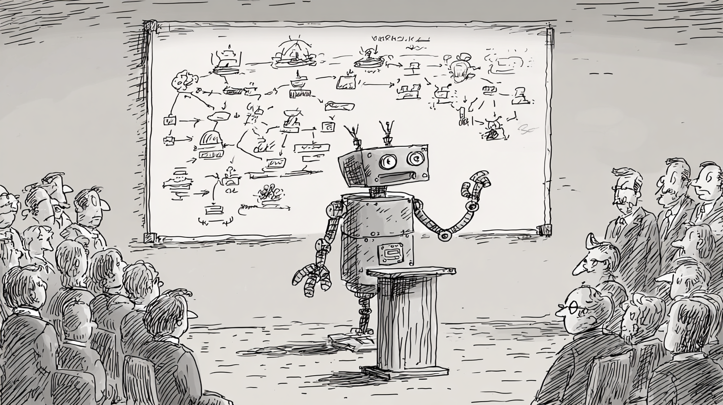 A robot at a podium confidently presenting a chaotic nonsensical diagram to a bewildered audience