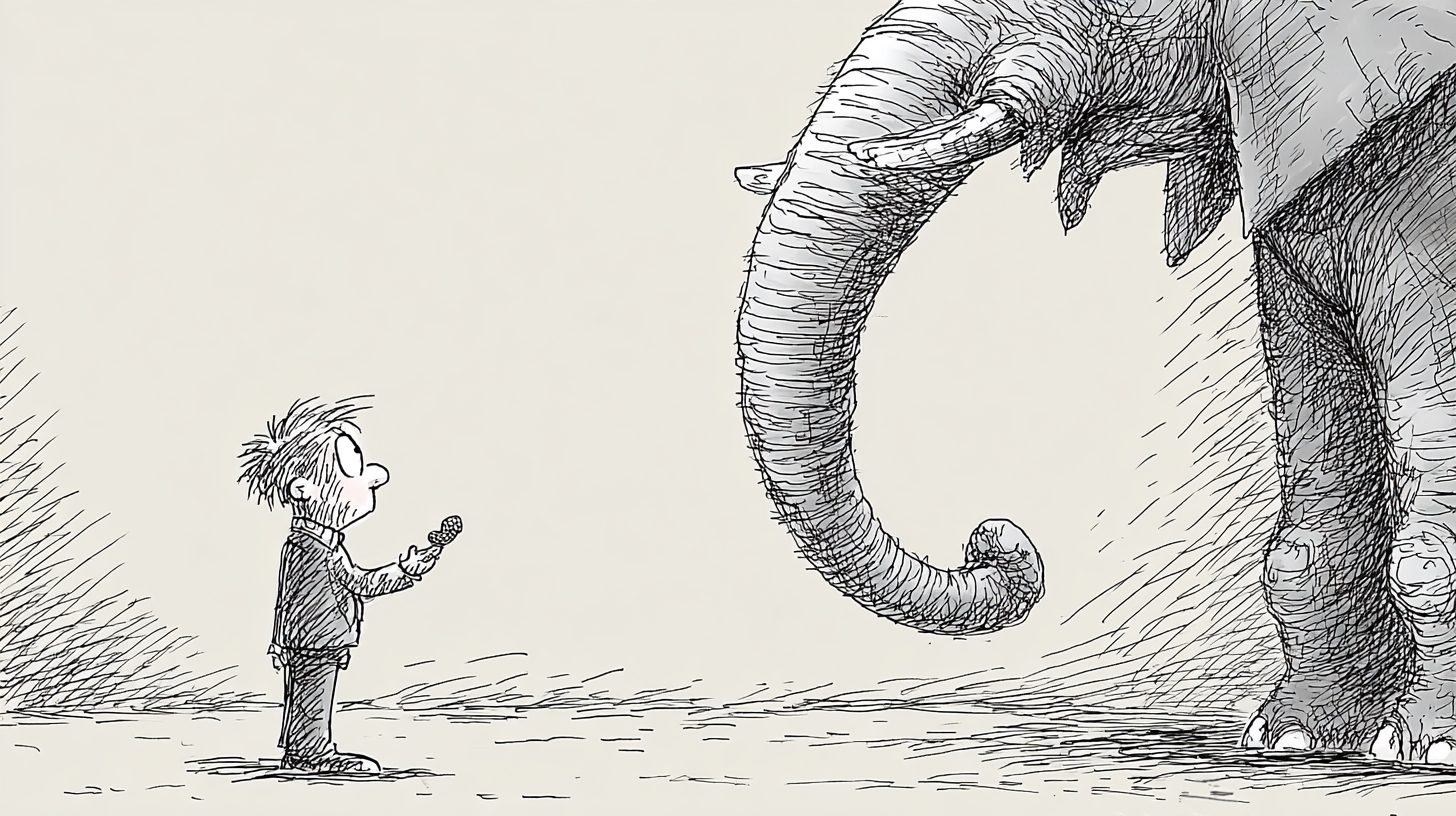A small person holding a single peanut up toward an enormous elephant whose trunk waits patiently