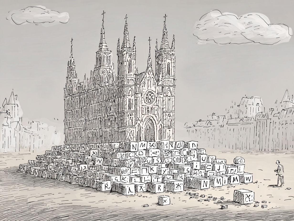 Gothic cathedral built on a foundation of letter blocks and tokens